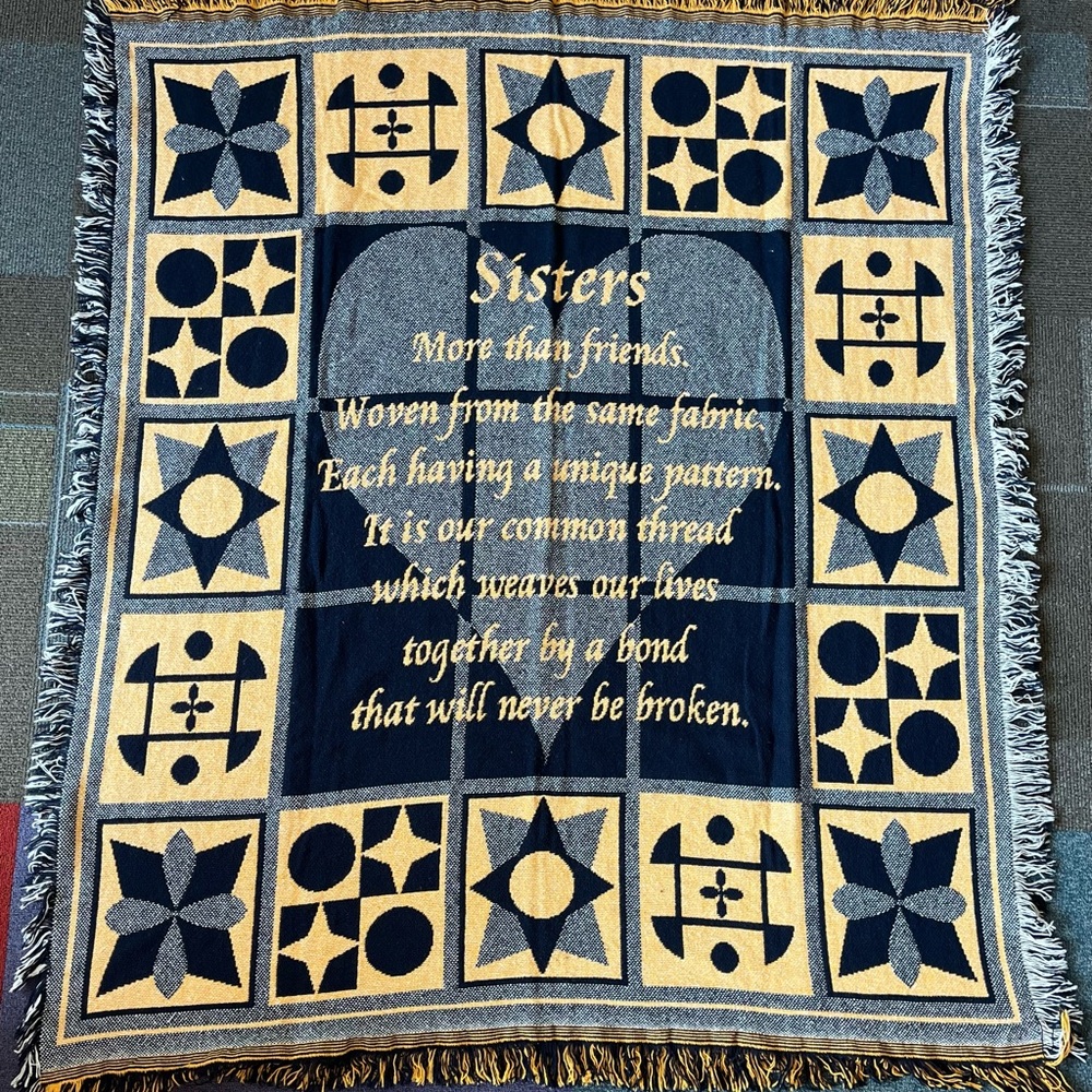 Sisters Blue and Gold Geometric Border Throw Blanket with Fringe 2005